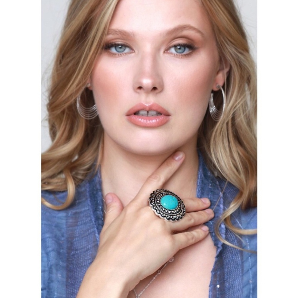 Boho Mandala Flower Turquoise Ring - Picture 2 of 7